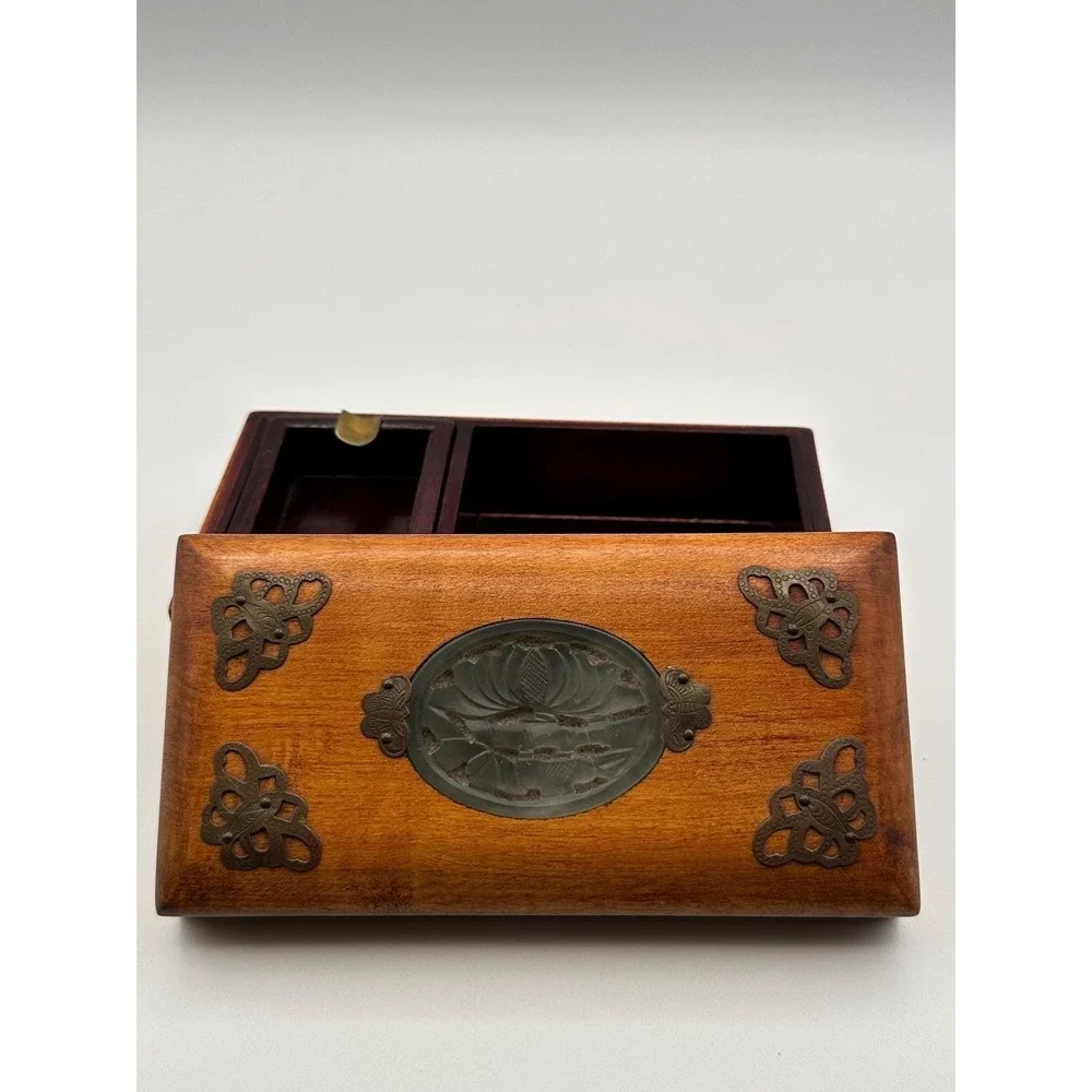Vintage Wooden Jewelry Box Carved Stone Medallion  Keepsake Storage